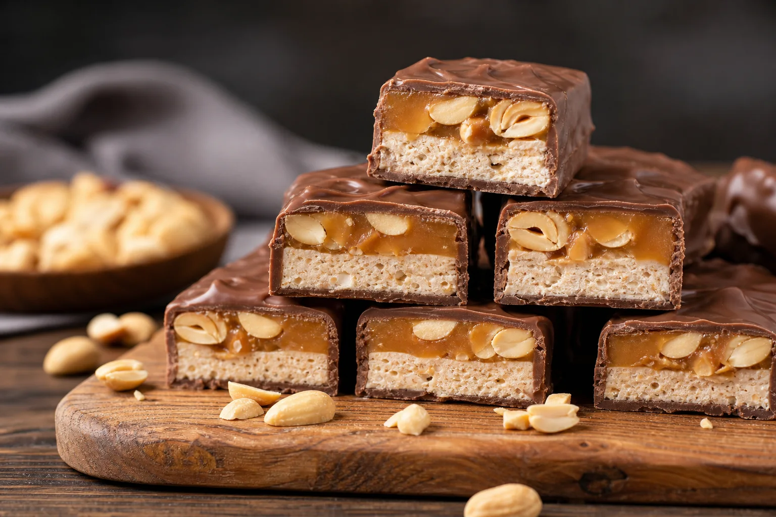 Homemade Snickers bars sliced into squares showing cross-section of chocolate nougat peanut and caramel layers