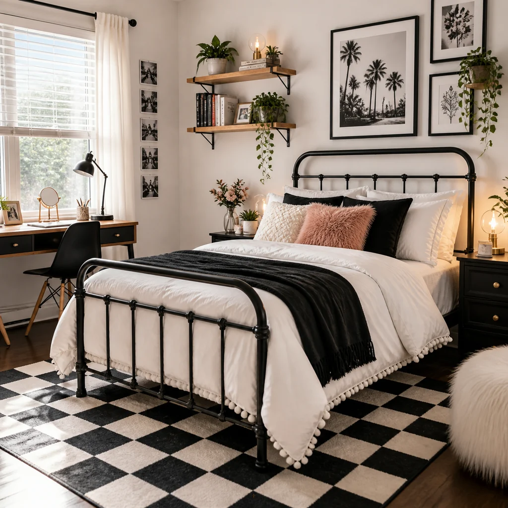 black and white modern teen girls bedroom with checkerboard rug