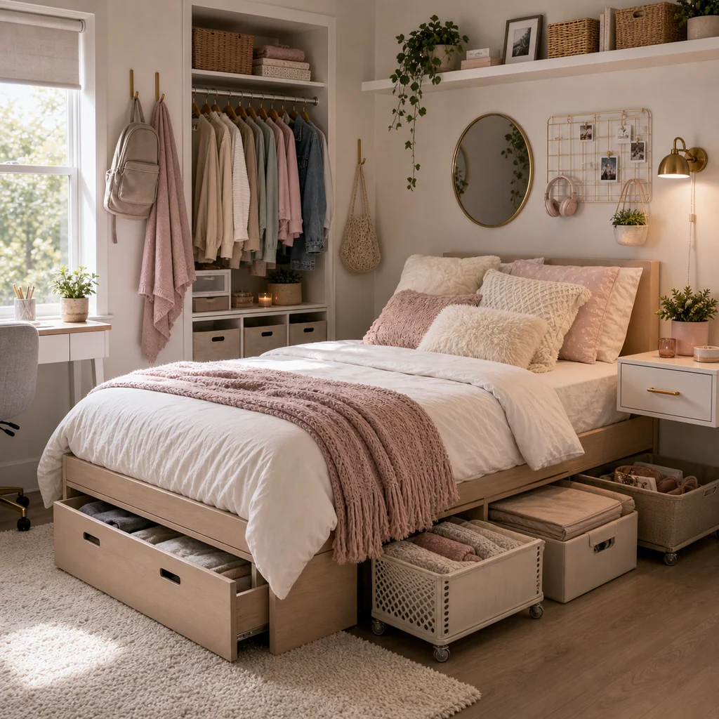 compact teen girls bedroom with under-bed storage drawers