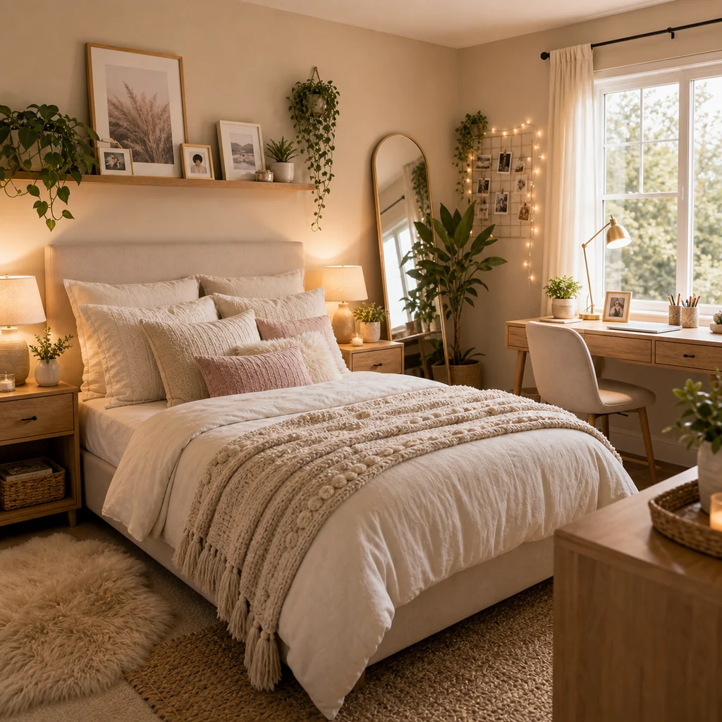 small shared teen girls bedroom with bunk bed and compact study zone