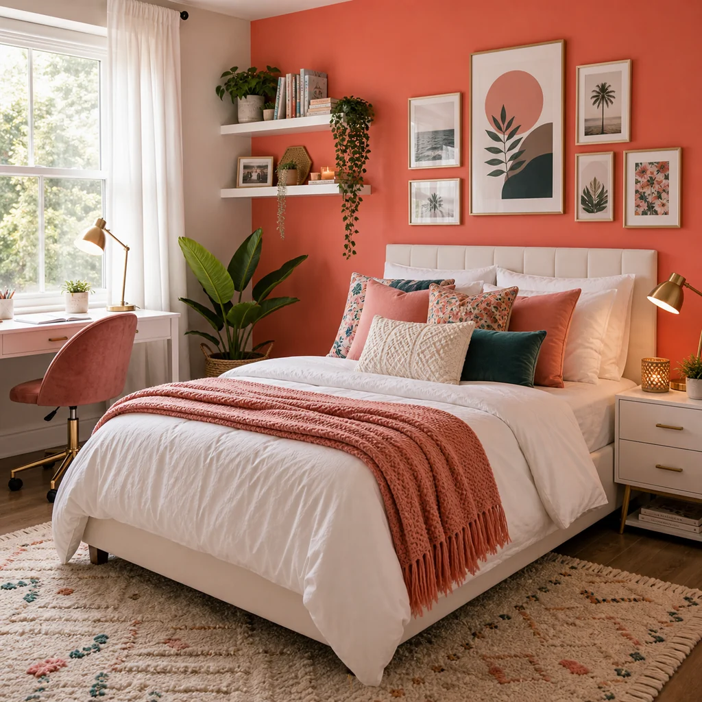 teen girls bedroom with coral accent wall and modern desk