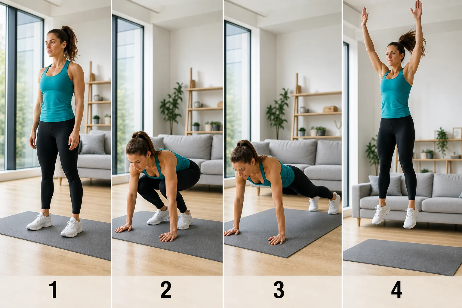 Step-by-step burpee guide: stand, squat hands down, jump to plank, explosive jump up