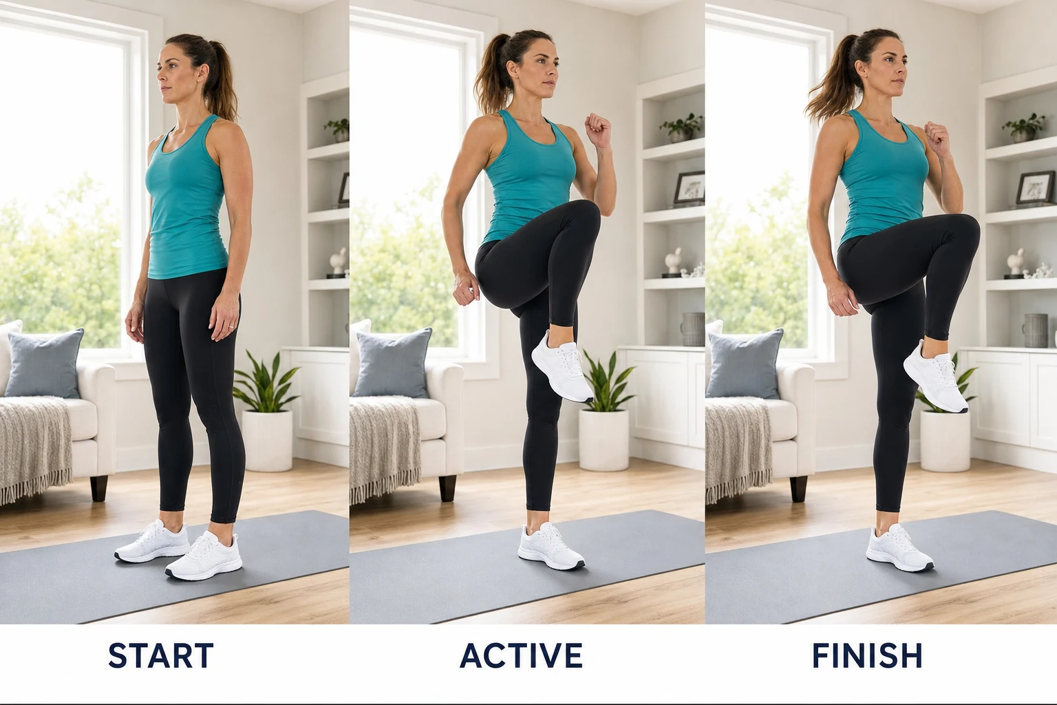 Step-by-step high knees guide: stand tall, drive one knee to hip height, alternate legs quickly