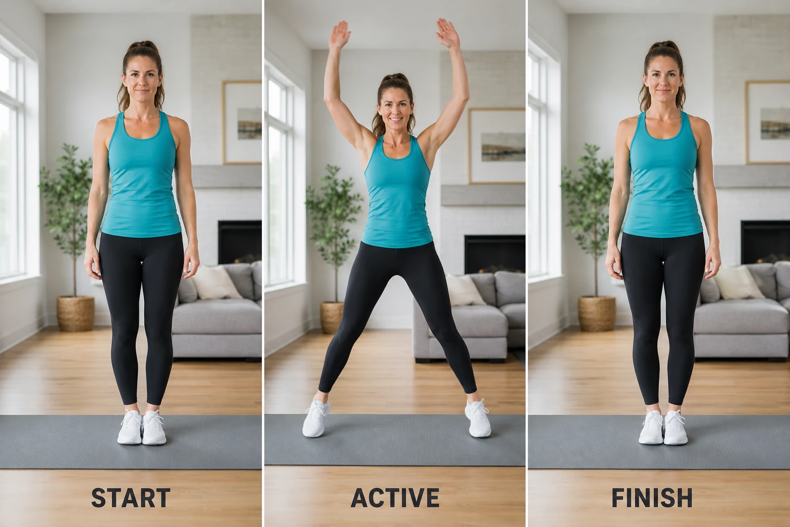 Step-by-step jumping jacks guide: start with feet together, jump feet wide with arms overhead, return to start