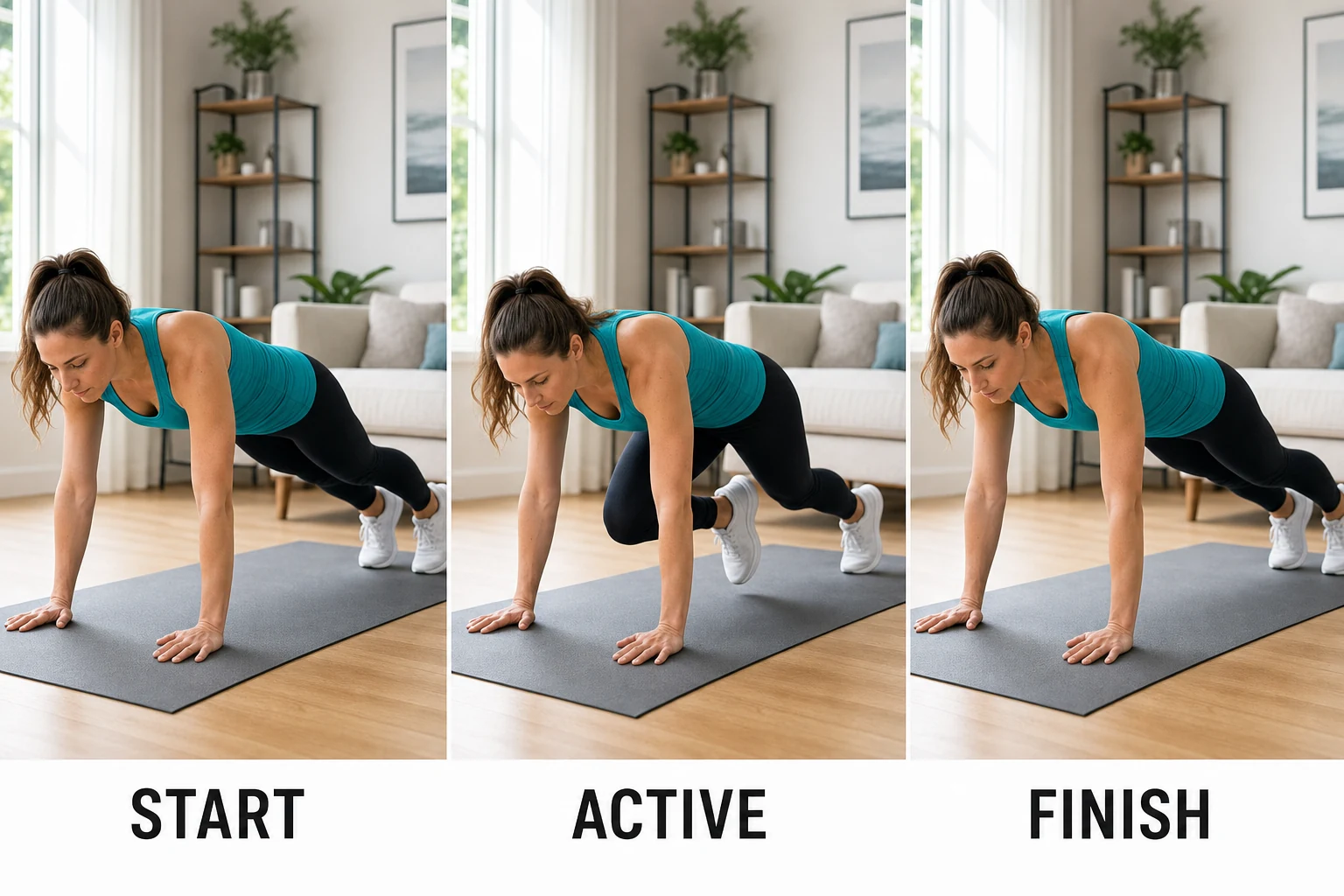 Step-by-step mountain climbers guide: high plank, drive knee to chest, return to plank