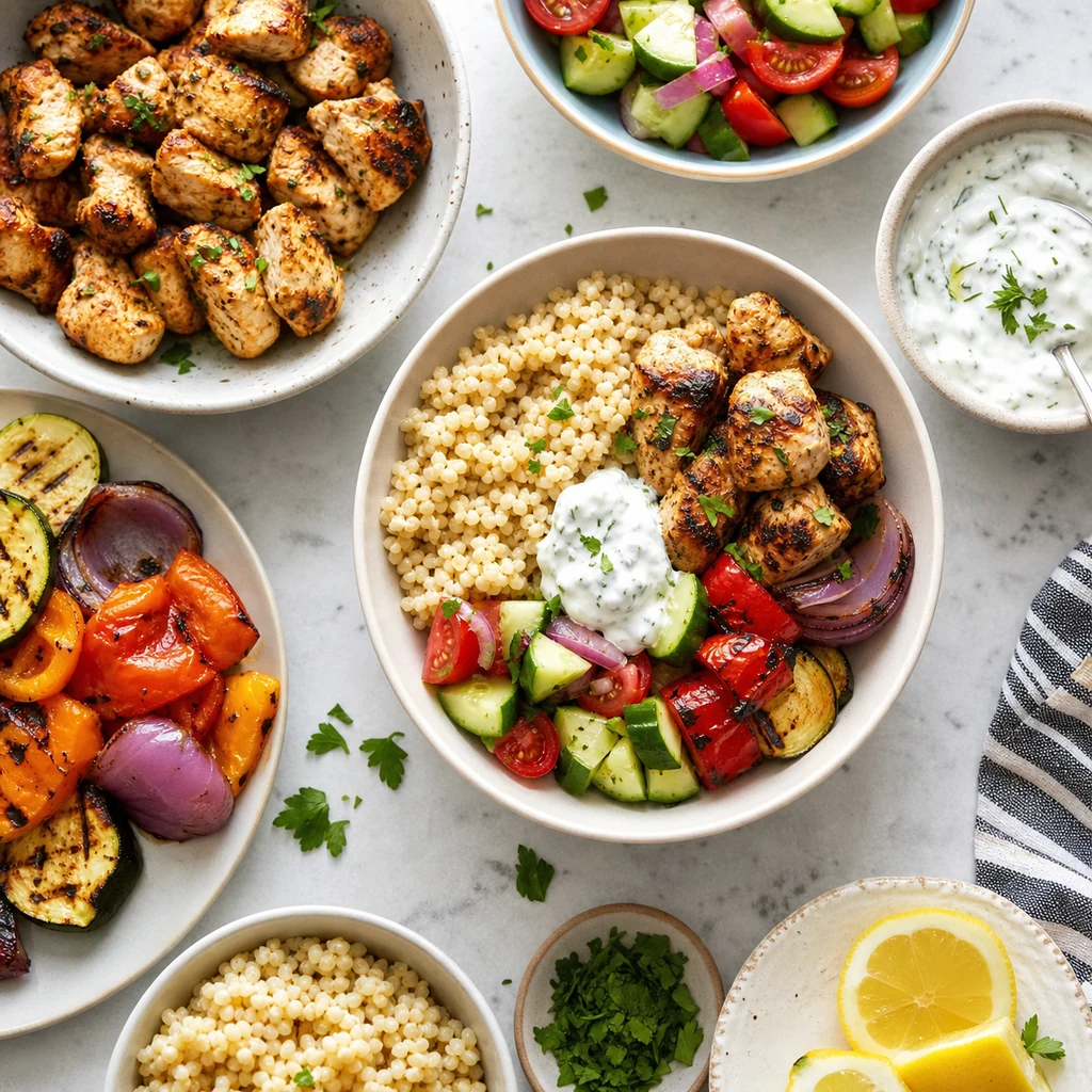 Assembling grilled chicken kabob bowls with grains vegetables salad and yogurt sauce