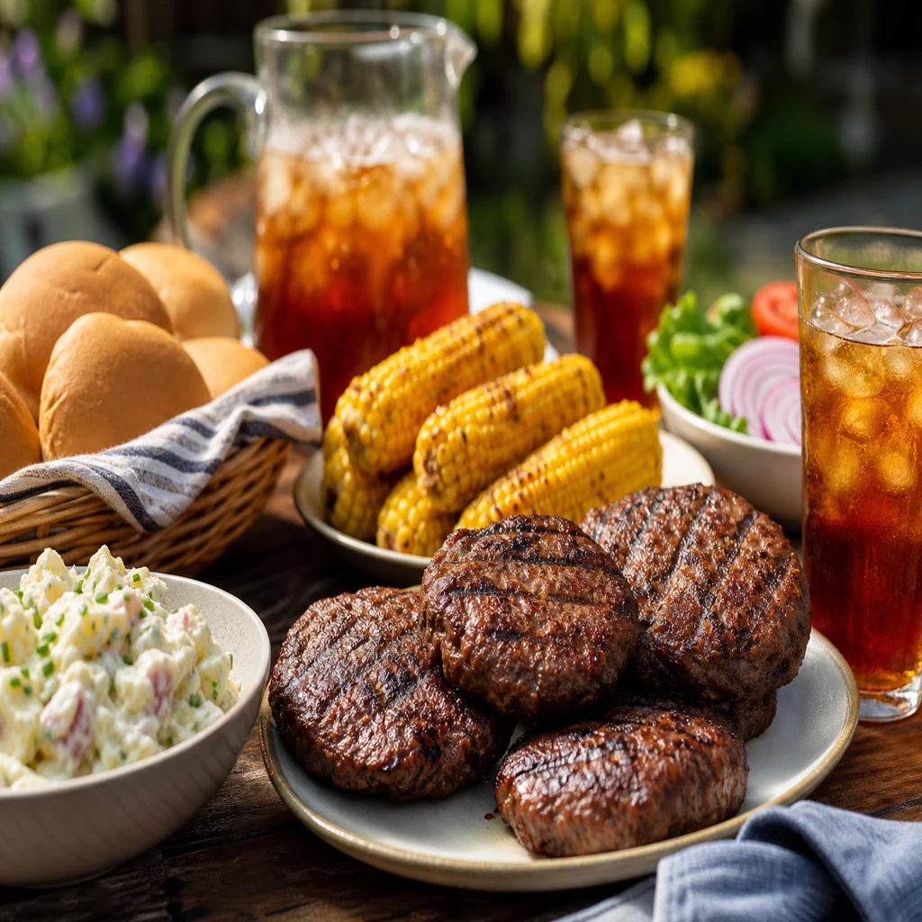 Classic backyard cookout with burgers, corn on the cob, and potato salad