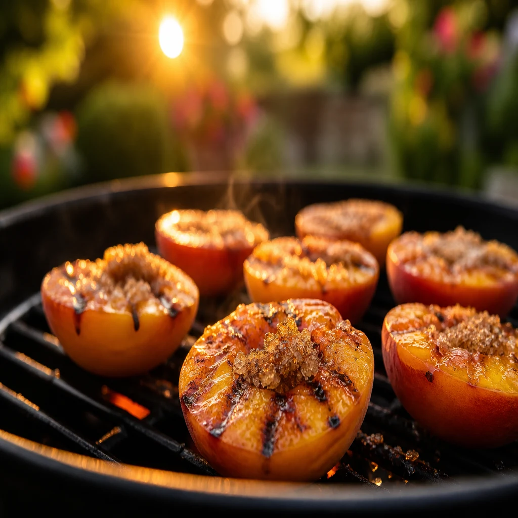 Grilled peach halves with brown sugar on a summer backyard grill