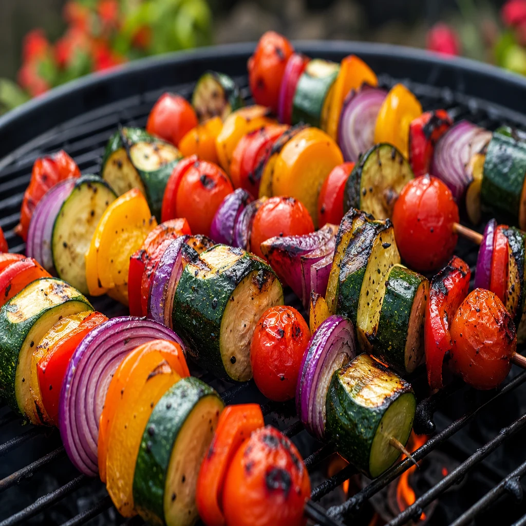 Colorful grilled vegetable skewers with zucchini, peppers, and cherry tomatoes