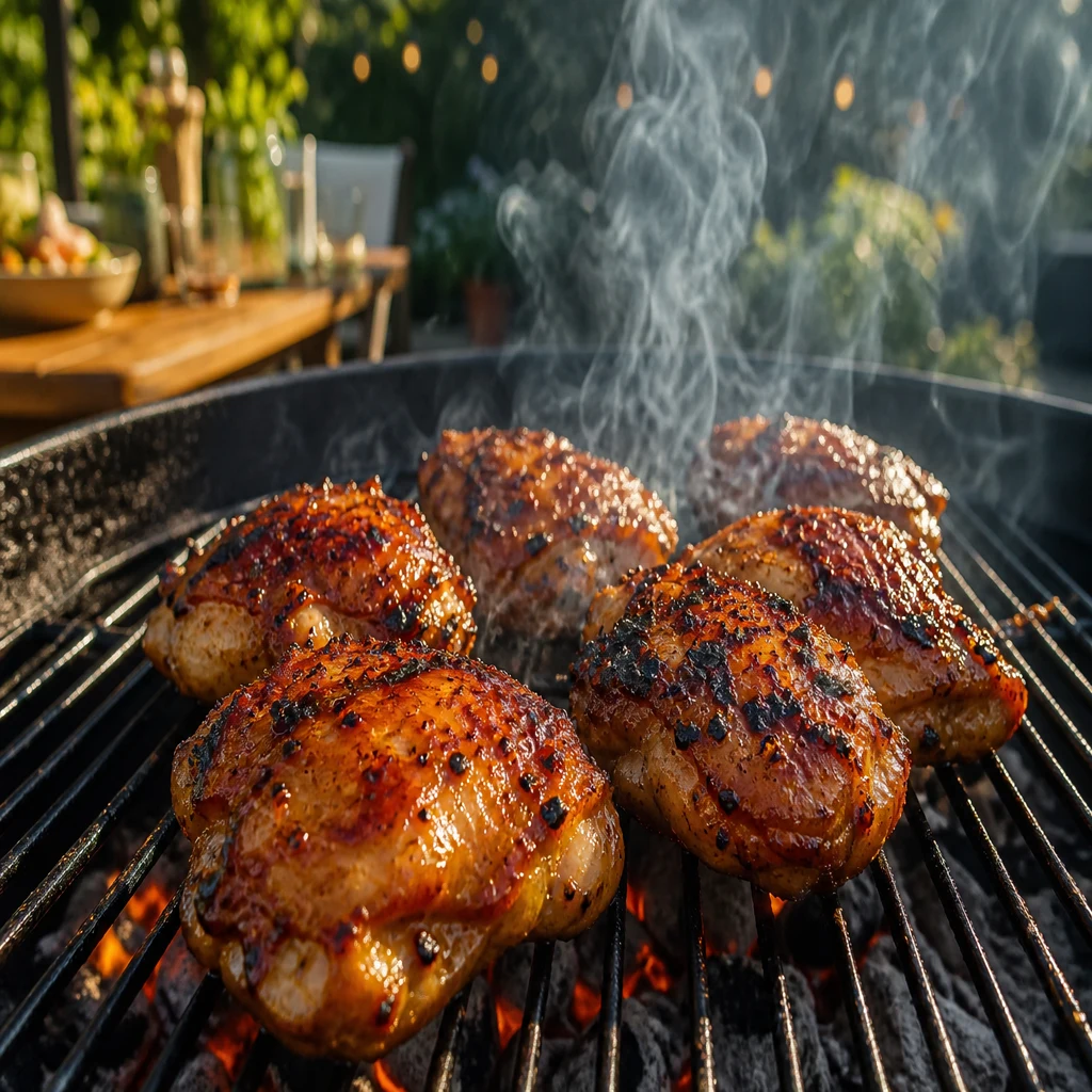 Honey garlic chicken thighs sizzling on a backyard charcoal grill