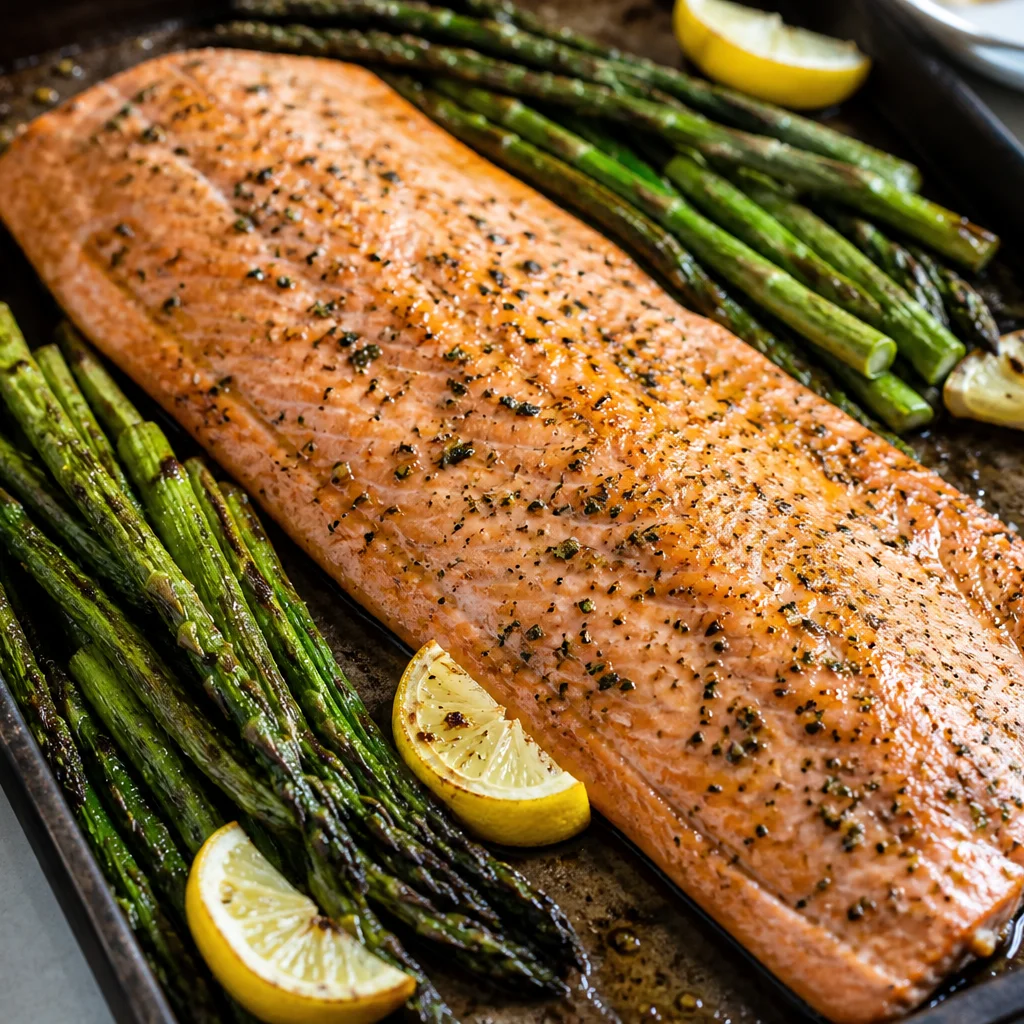 Baked salmon with roasted asparagus and lemon on a sheet pan