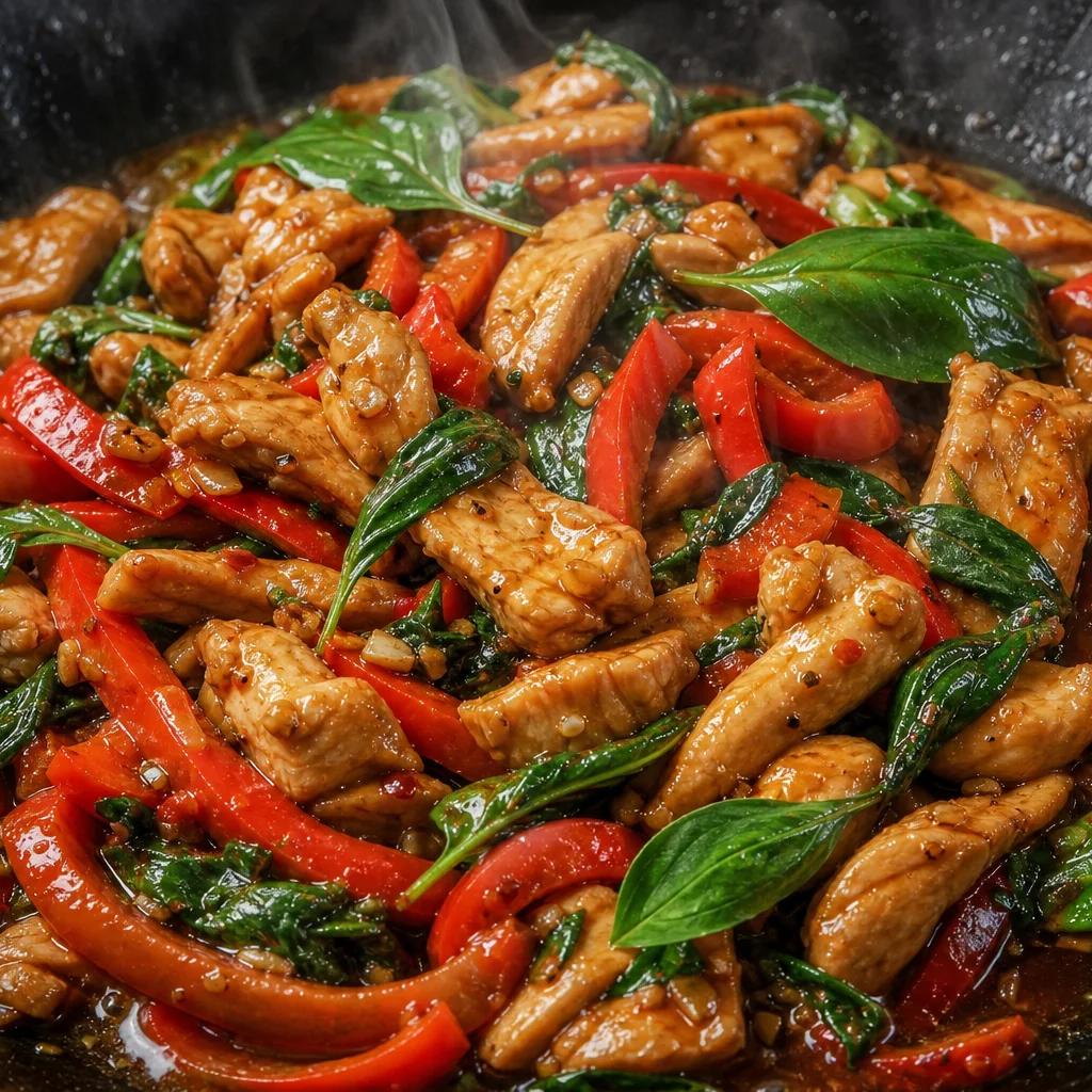 Basil chicken stir-fry with glossy sauce fresh basil and bell peppers in a wok