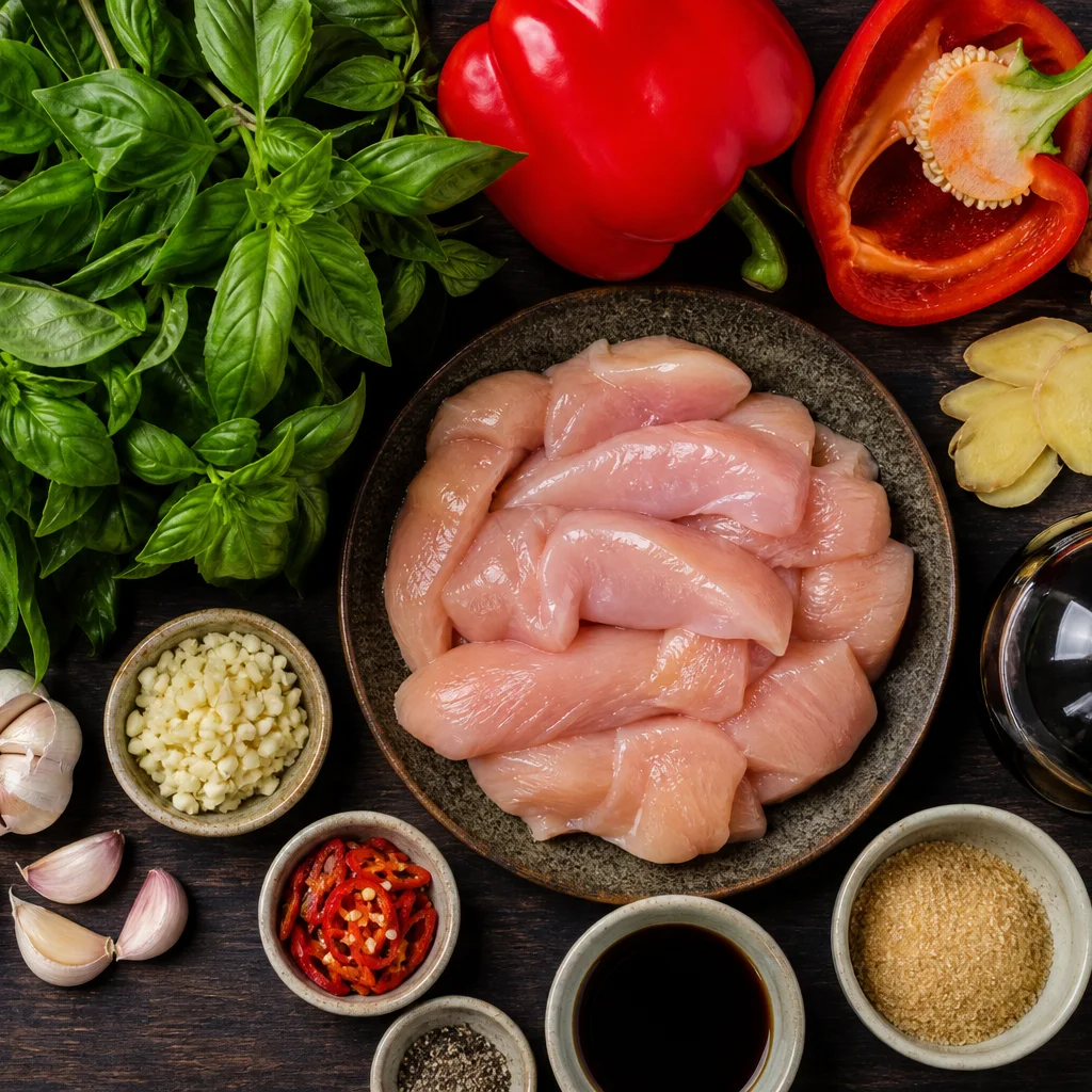 Basil chicken stir-fry ingredients including chicken breast fresh basil bell pepper garlic and soy sauce