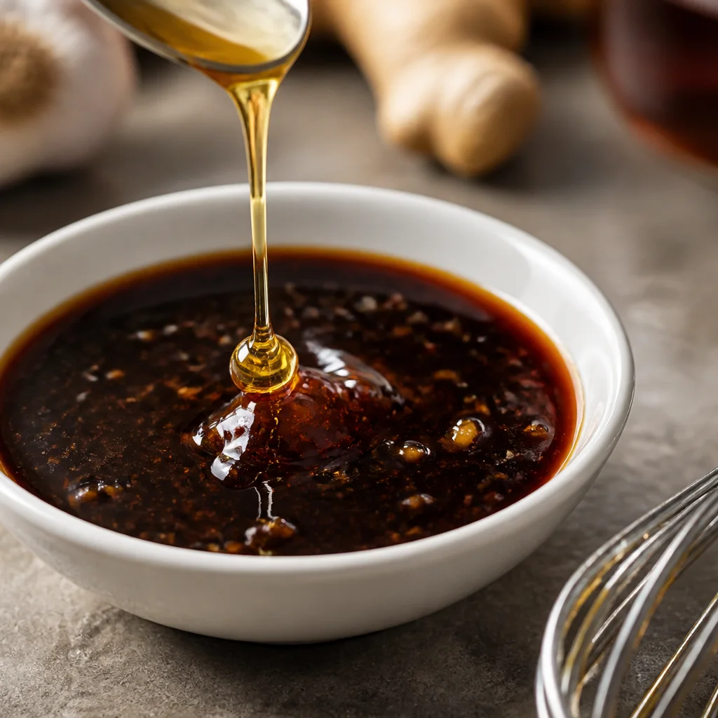 Basil chicken stir-fry sauce with soy sauce oyster sauce and honey in a small bowl