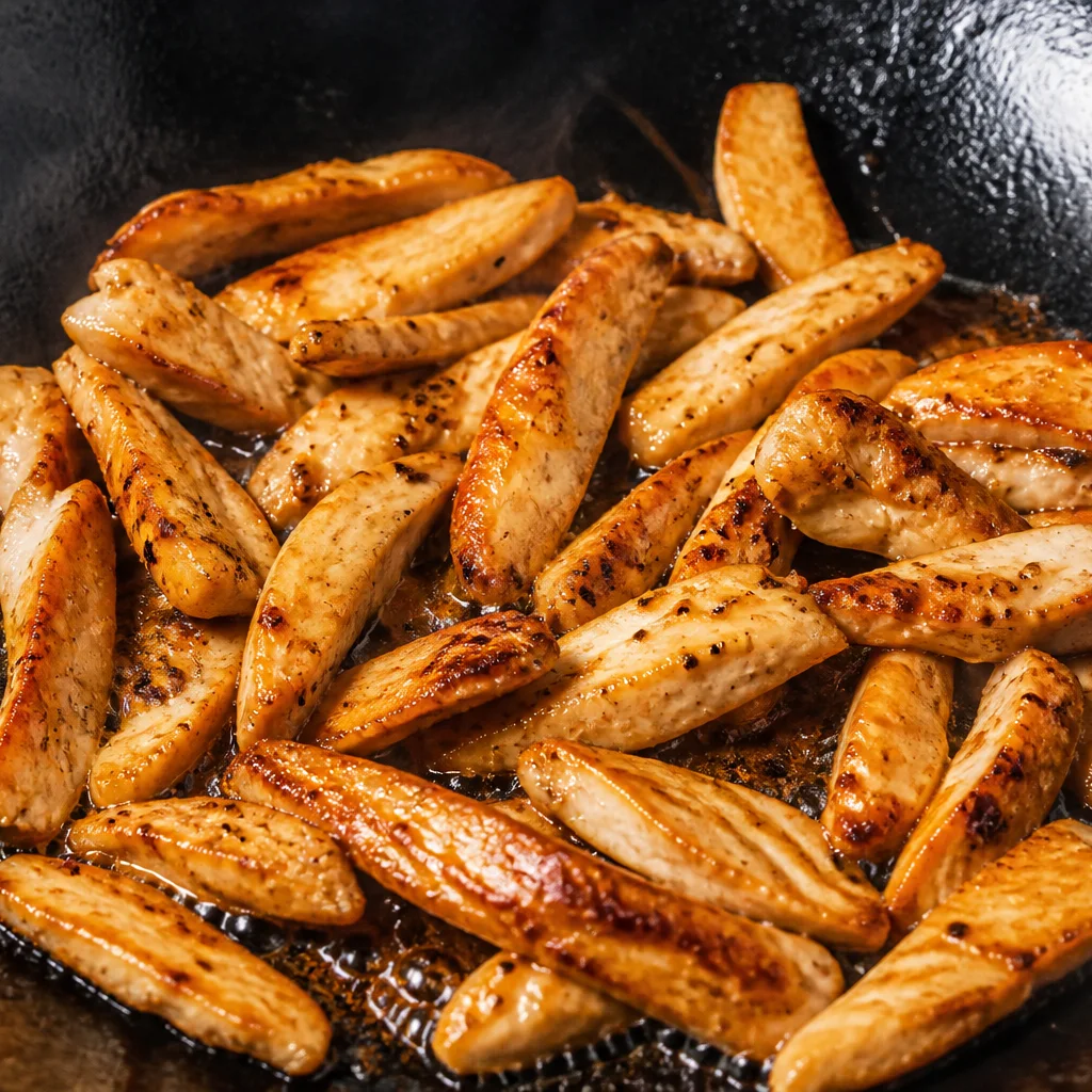 Thin sliced chicken breast searing golden in a hot wok for basil stir-fry