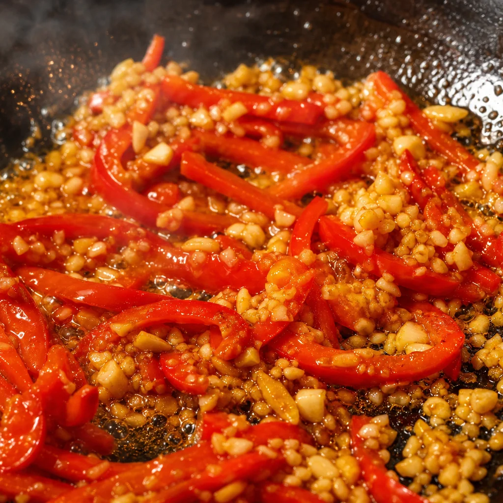 Garlic ginger and bell pepper stir-frying in a wok for basil chicken