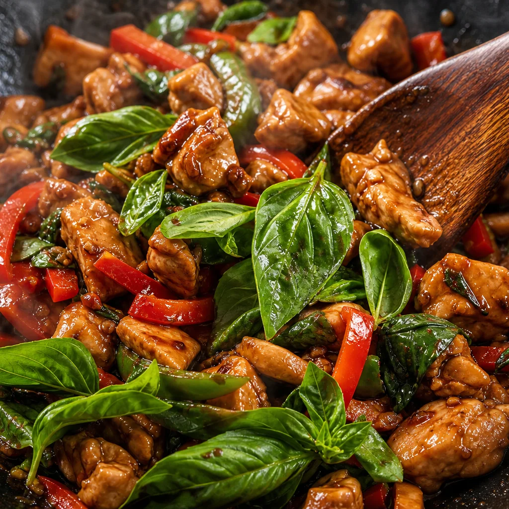 Basil chicken stir-fry coated in glossy sauce with wilted fresh basil leaves