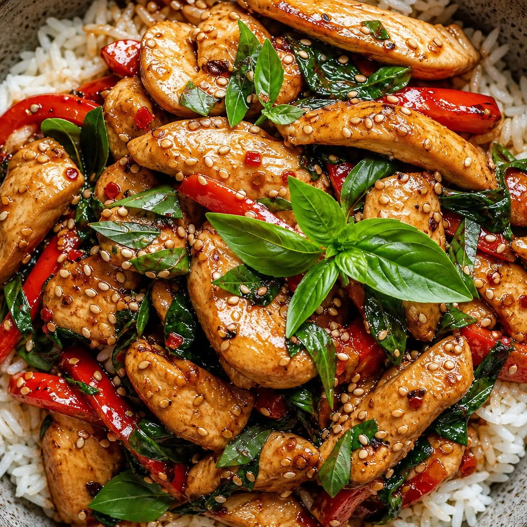 Basil chicken stir-fry served over jasmine rice in a bowl with fresh basil garnish