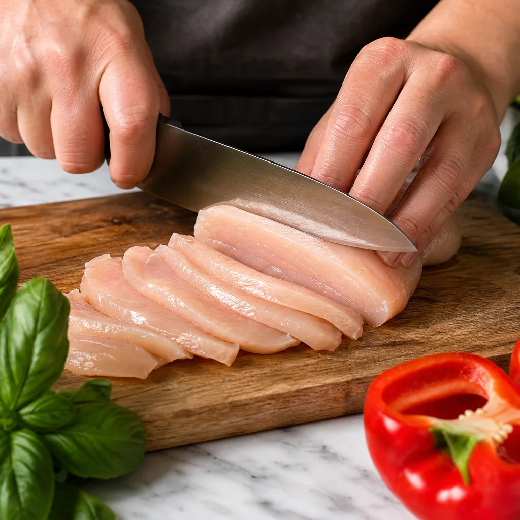 Thin sliced chicken breast being prepped on a cutting board for basil chicken stir-fry