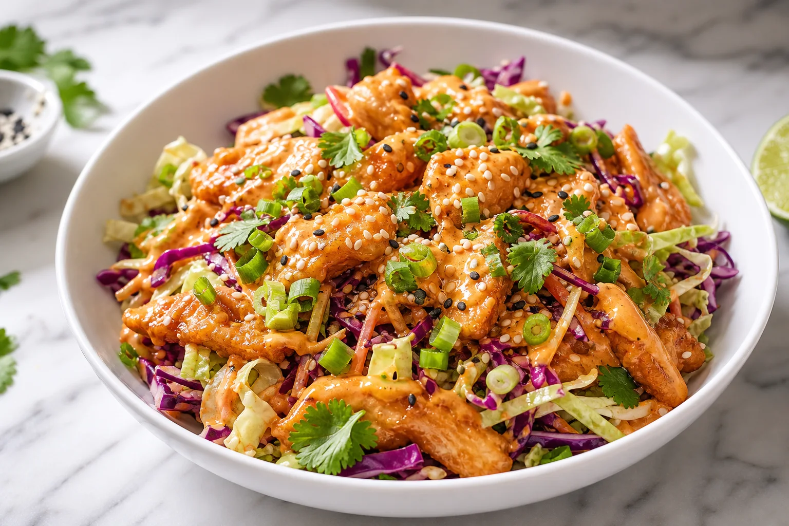 Bang bang chicken salad in a white bowl with shredded cabbage crispy chicken and creamy spicy dressing garnished with green onions