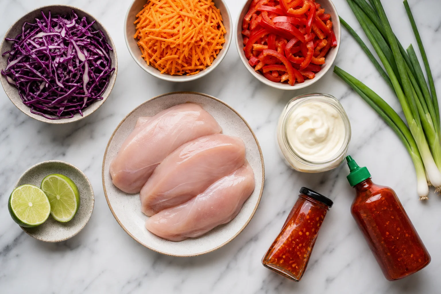 Bang bang chicken salad ingredients including chicken breast shredded cabbage carrots green onions mayo sweet chili sauce and sriracha