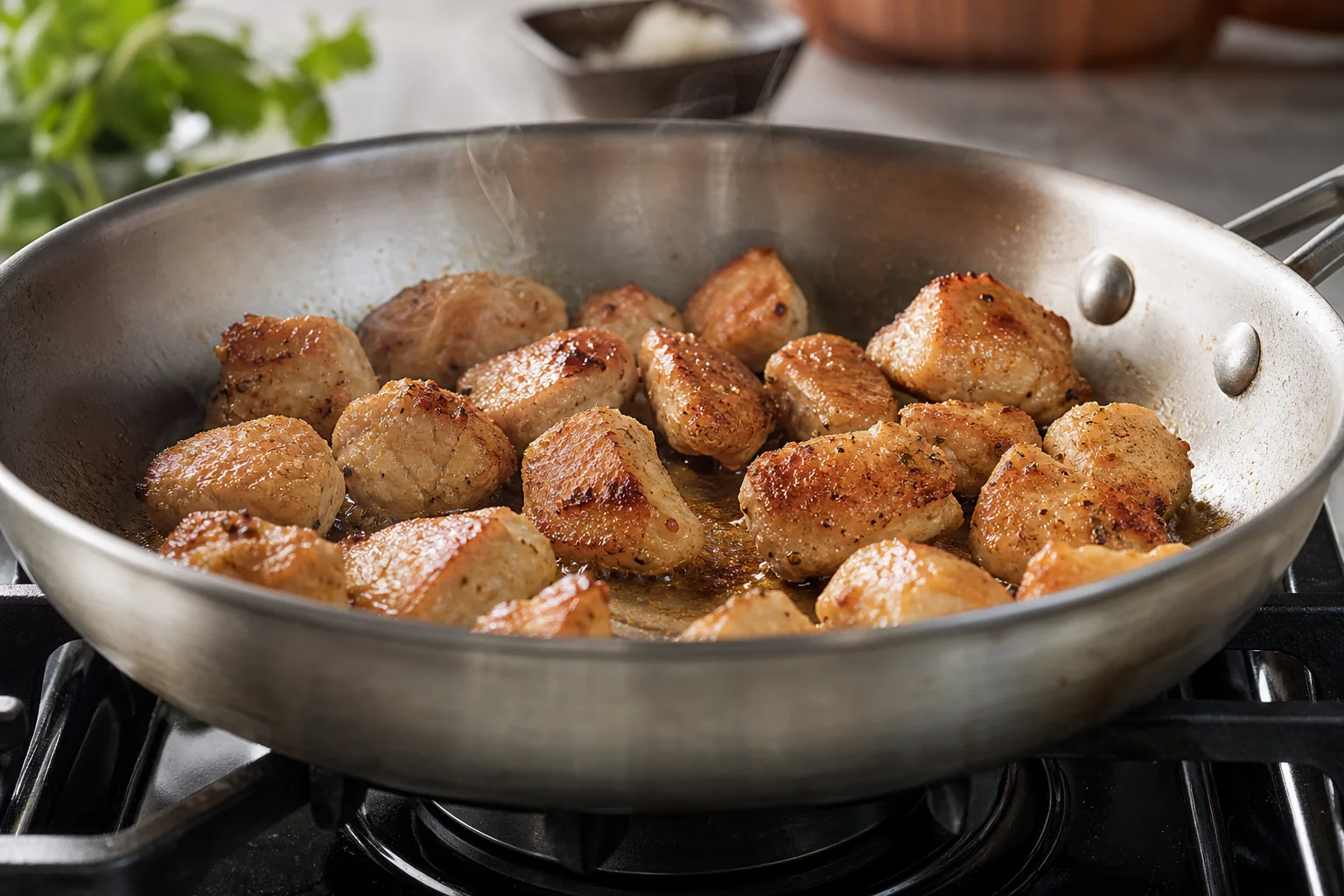 Golden seared chicken pieces cooking in a stainless steel skillet for bang bang chicken salad recipe