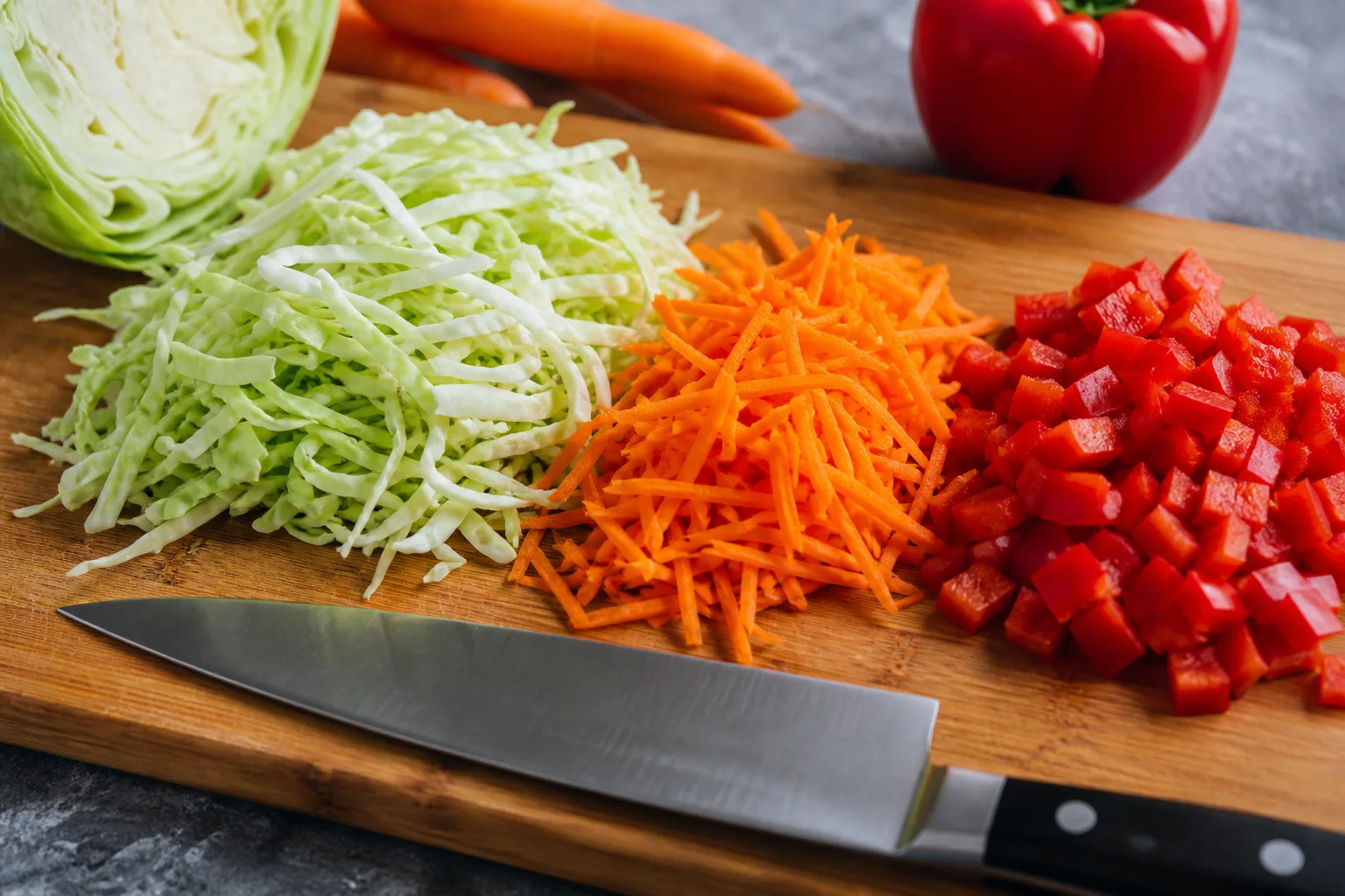Shredded cabbage carrots and diced bell pepper on a cutting board for bang bang chicken salad