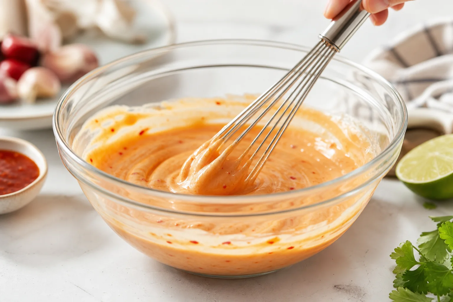 Creamy orange bang bang dressing whisked in a glass bowl with sweet chili sauce and sriracha
