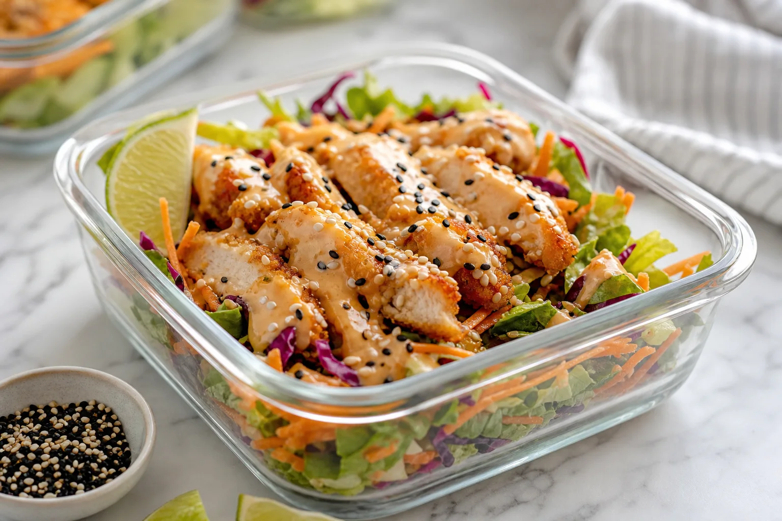 Bang bang chicken salad served in a meal prep glass container with lime wedge and sesame garnish