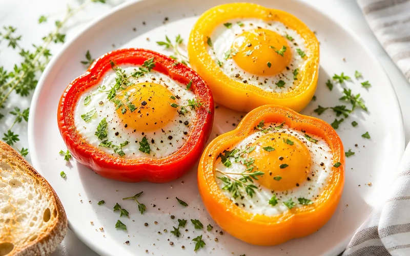 Colorful bell pepper egg in a hole breakfast on a white plate with fresh herbs