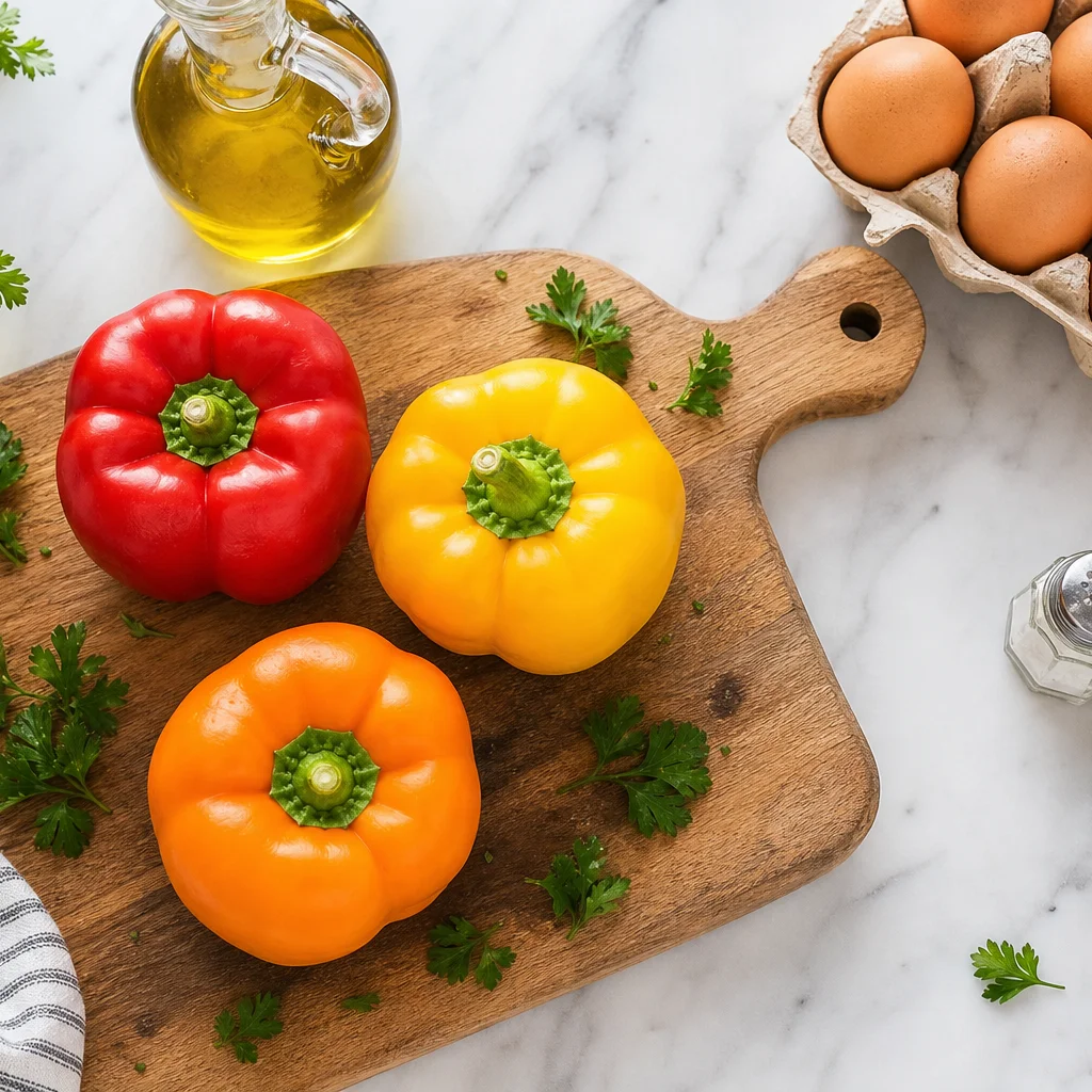 Ingredients for bell pepper egg in a hole including peppers, eggs, and olive oil