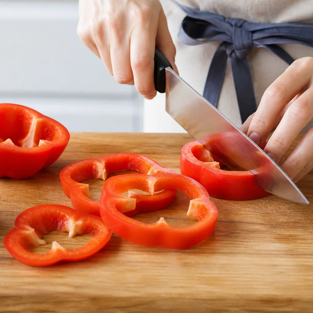 Step 1 slicing bell peppers into thick rings and removing seeds