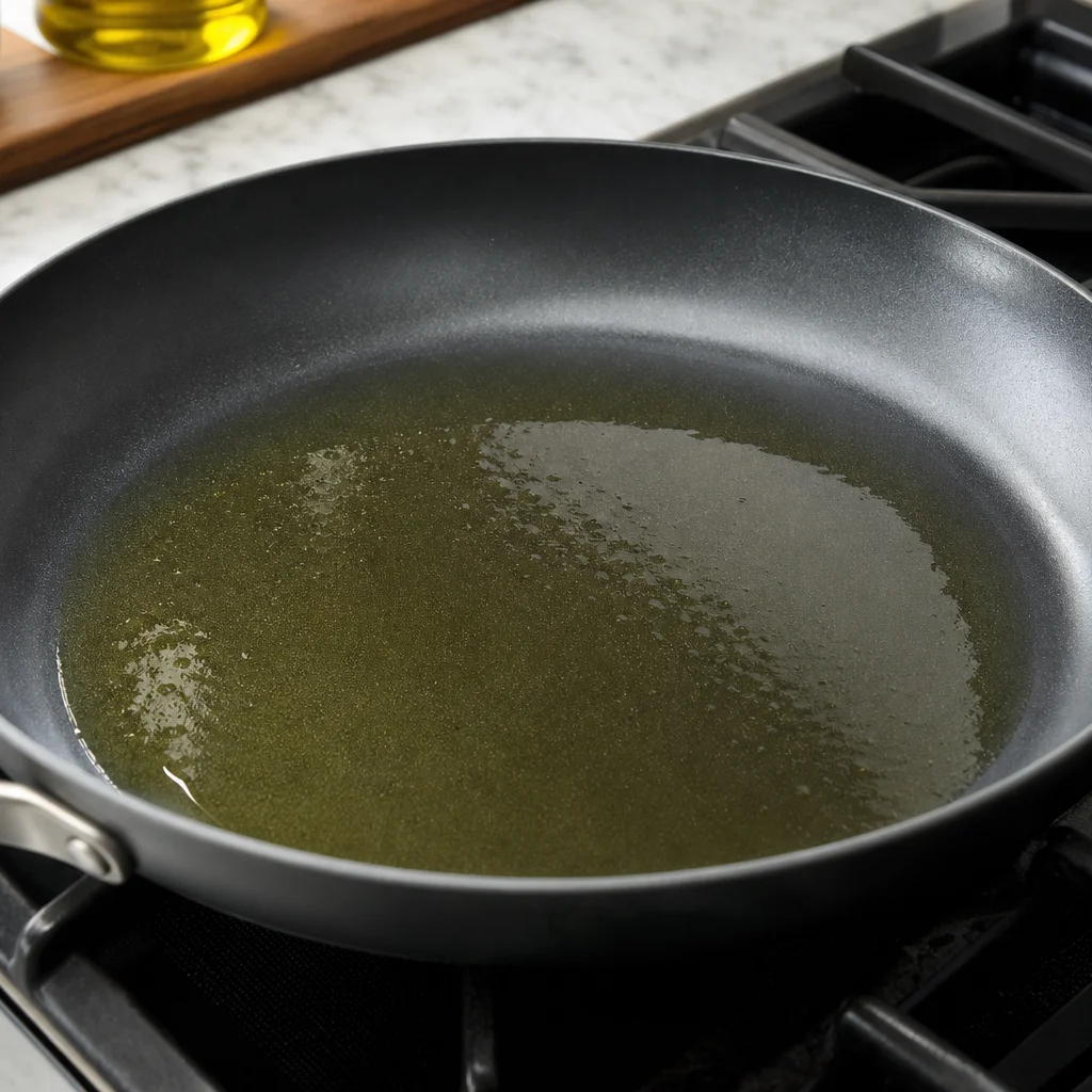 Step 2 heating olive oil in a non-stick frying pan