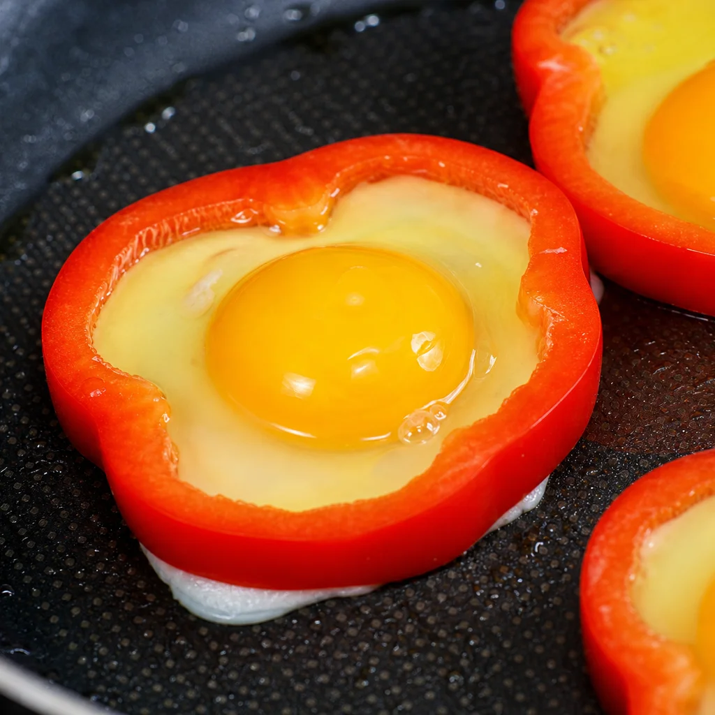 Step 4 cracking eggs into the center of each bell pepper ring