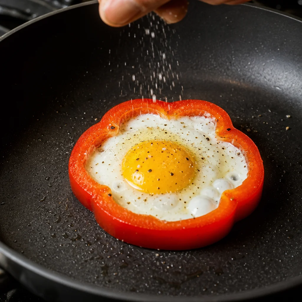 Step 5 seasoning bell pepper eggs with salt and pepper