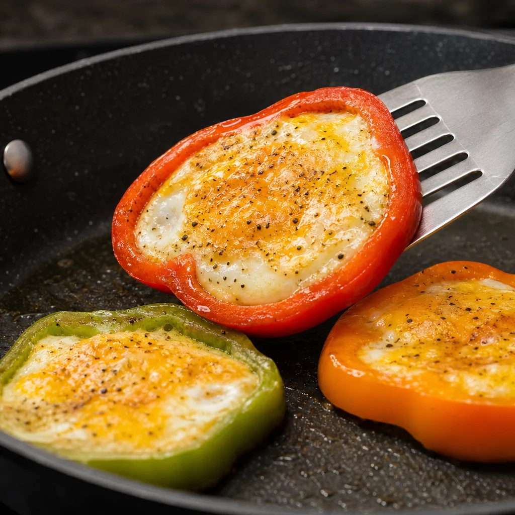 Step 6 optionally flipping bell pepper egg rings for firmer yolks