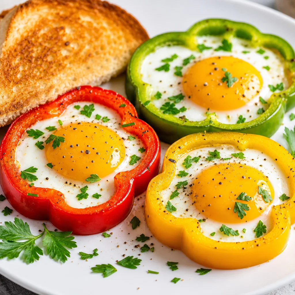 Step 7 serving bell pepper egg in a hole garnished with fresh herbs