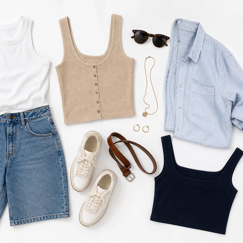 Denim bermuda shorts outfit flat lay with summer tops sneakers and accessories styling inspiration 2026
