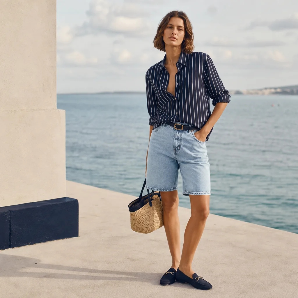 Light wash denim bermuda shorts outfit with navy striped shirt and loafers