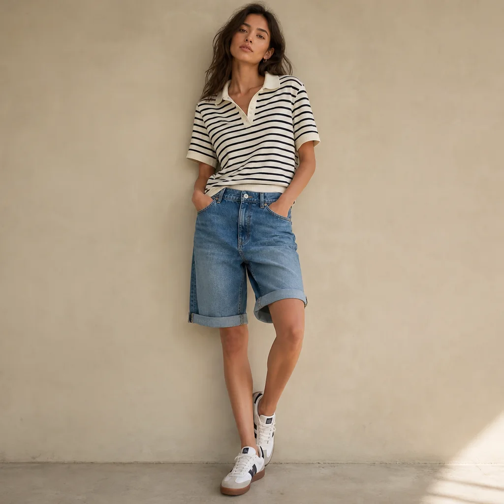 Cuffed denim bermuda shorts outfit with striped polo and sneakers sport luxe summer