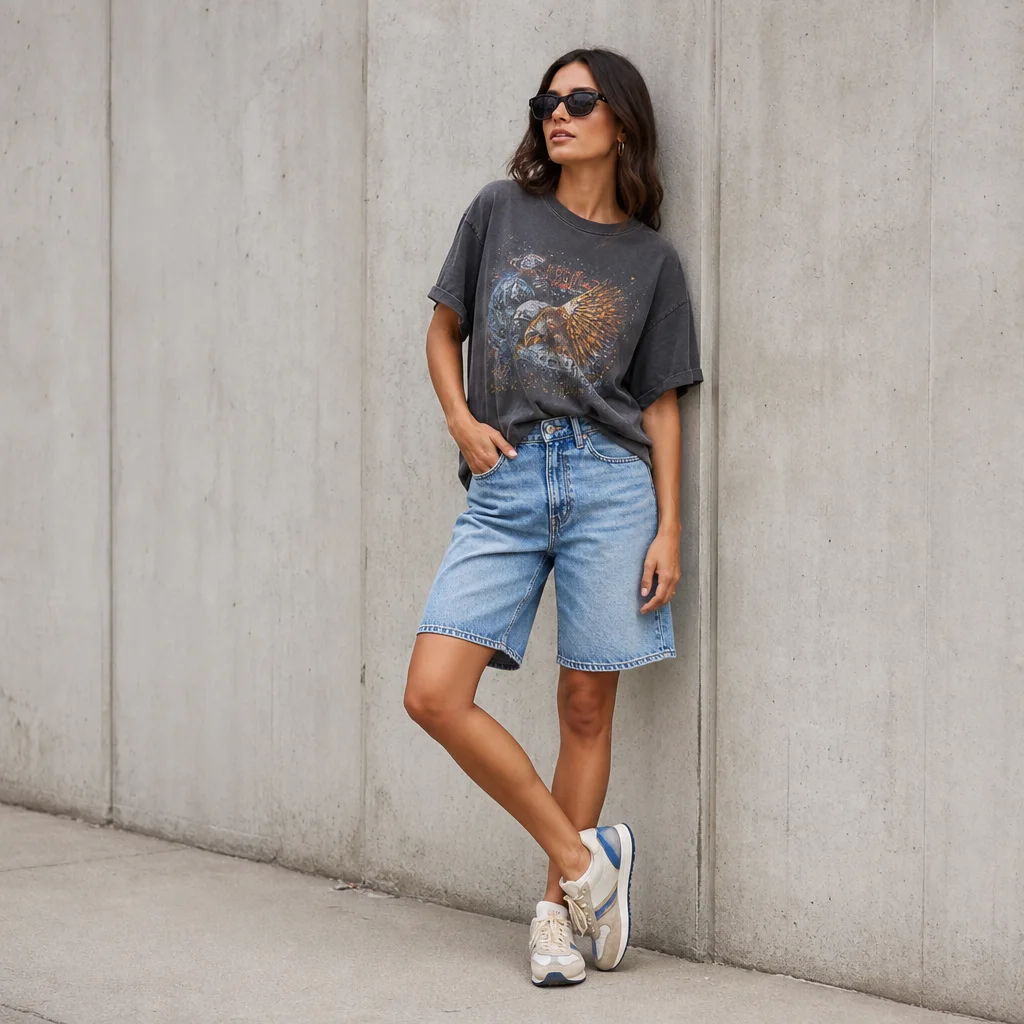Denim bermuda shorts outfit with vintage graphic tee and retro sneakers street style