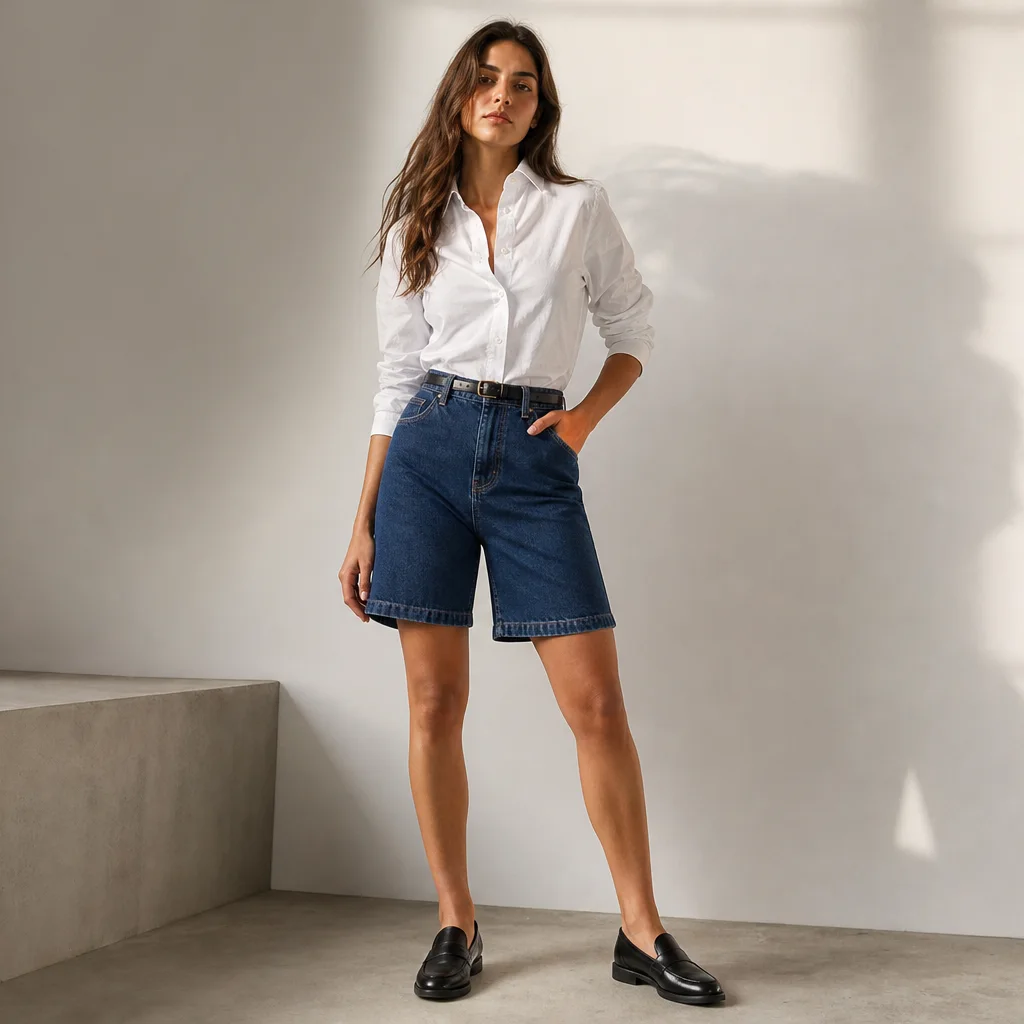 Tailored denim bermuda shorts outfit with tucked white button down and loafers