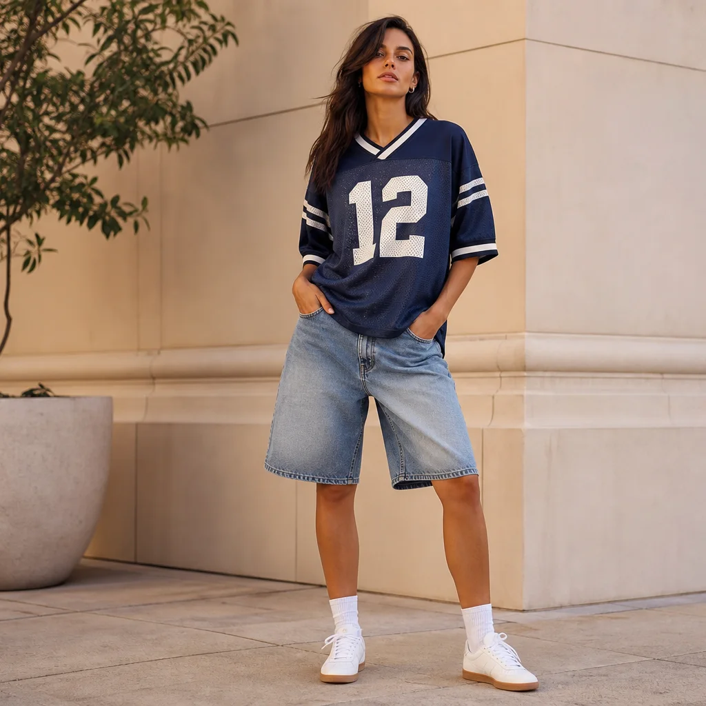 Denim bermuda shorts outfit with jersey top and sneakers sport luxe summer 2026