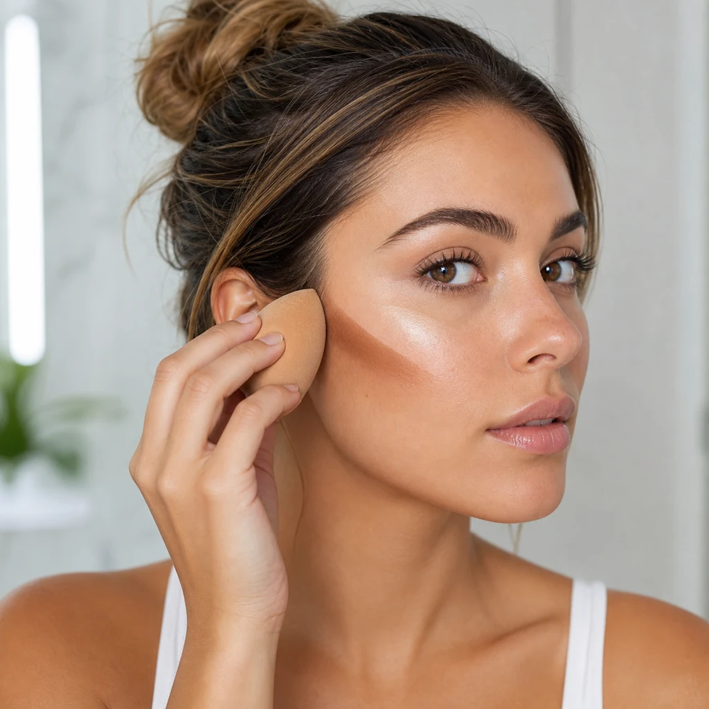 Blending cream contour and highlight with a makeup sponge
