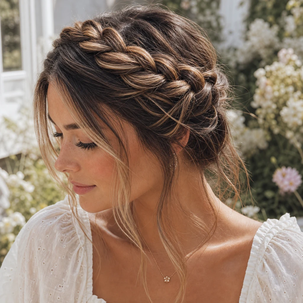 Soft braided crown heatless hairstyle for summer