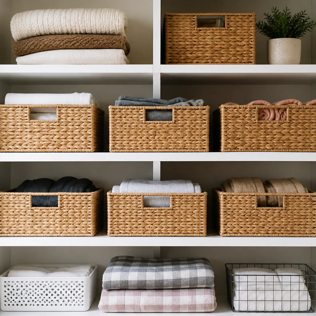 Neatly organized open shelving with labeled baskets showing a clutter-free budget-friendly home
