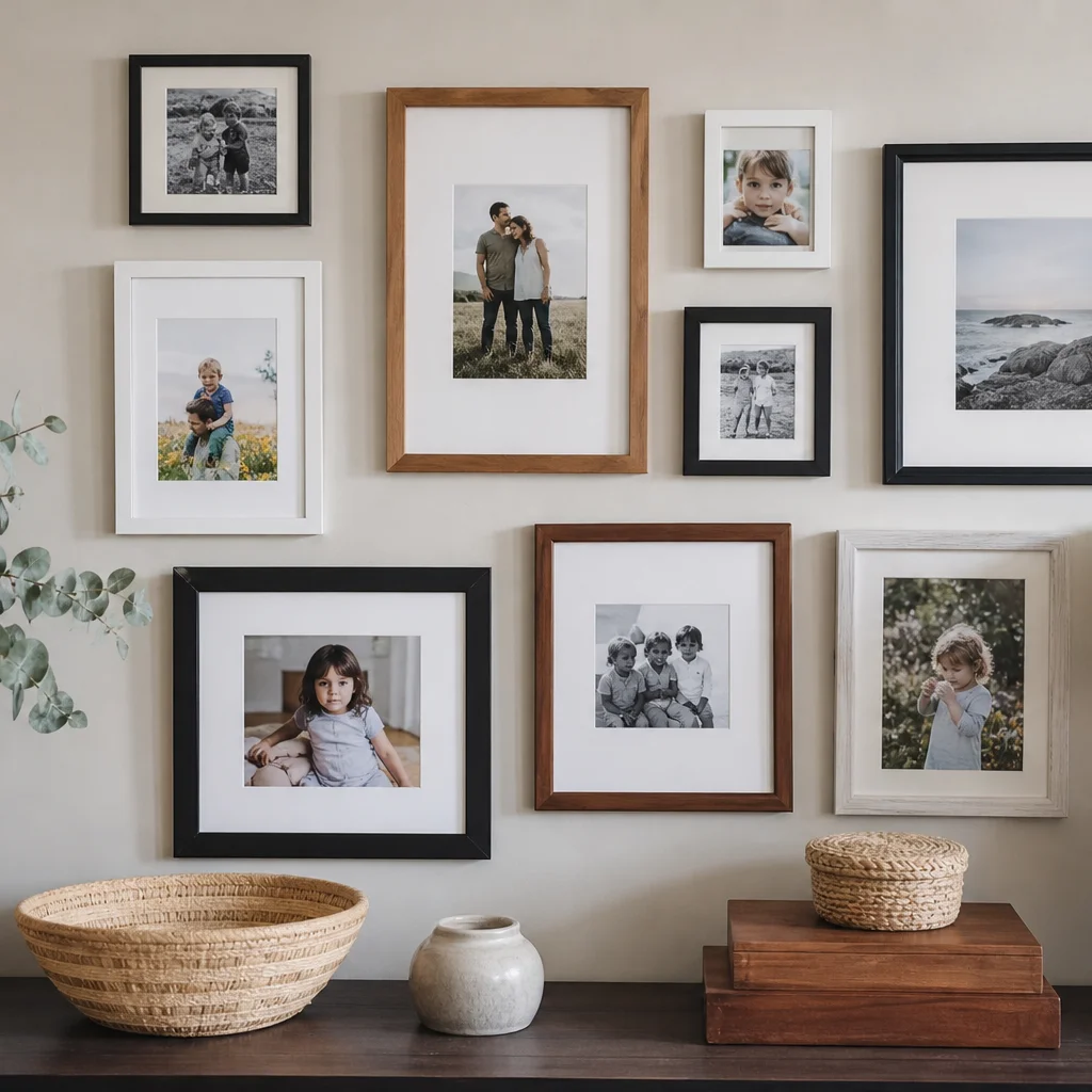 DIY gallery wall with mixed inexpensive frames and handmade decor above a console table