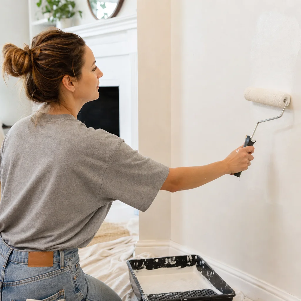 Fresh warm white paint being rolled onto a living room wall for an affordable room refresh