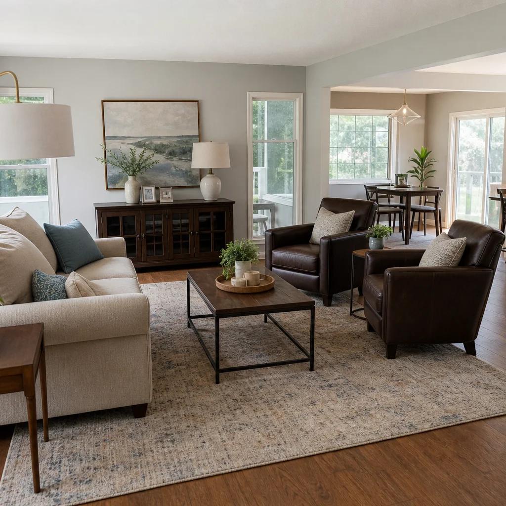 Living room with rearranged sofa and chairs creating a more open functional layout