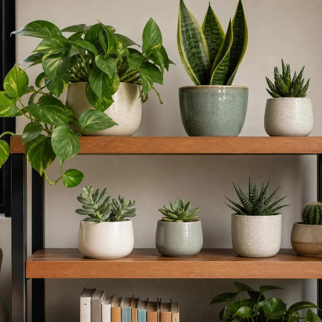Low-maintenance indoor plants on a living room shelf adding natural color on a budget